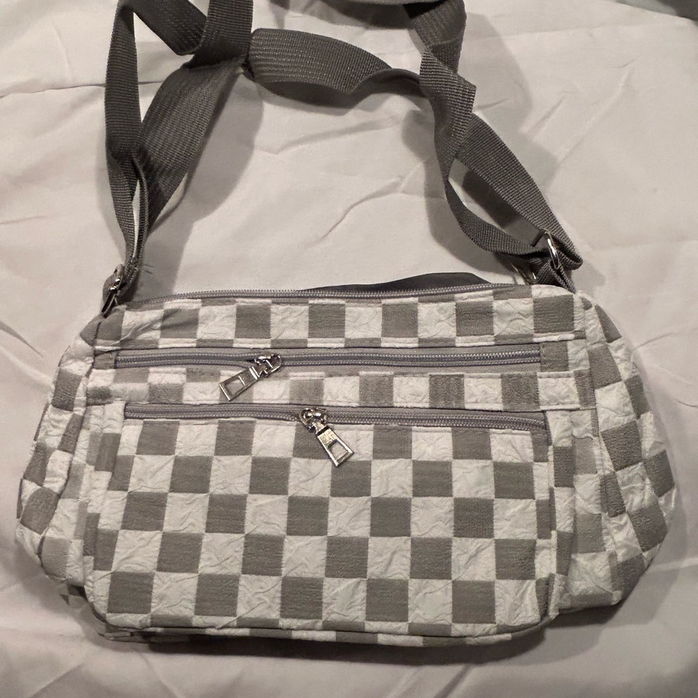 NWT Elegant Gray and White Checkered Crossbody Bag